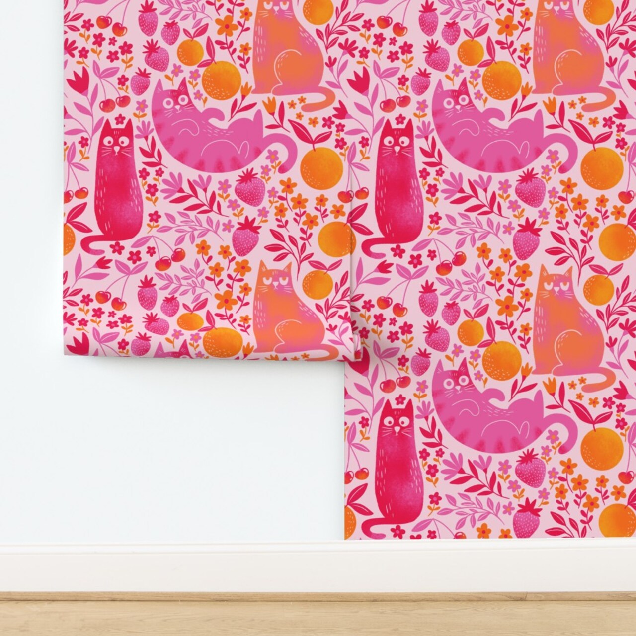 Whimsical Quirky Fruit Cats Playful Colorful Pink Orange Cherries Strawberries Red Cherry Floral Flowers Pets Novelty Leaves Eclectic Custom Removable Wallpaper by Spoonflower Peel & Stick Wallpaper 2FT Wide